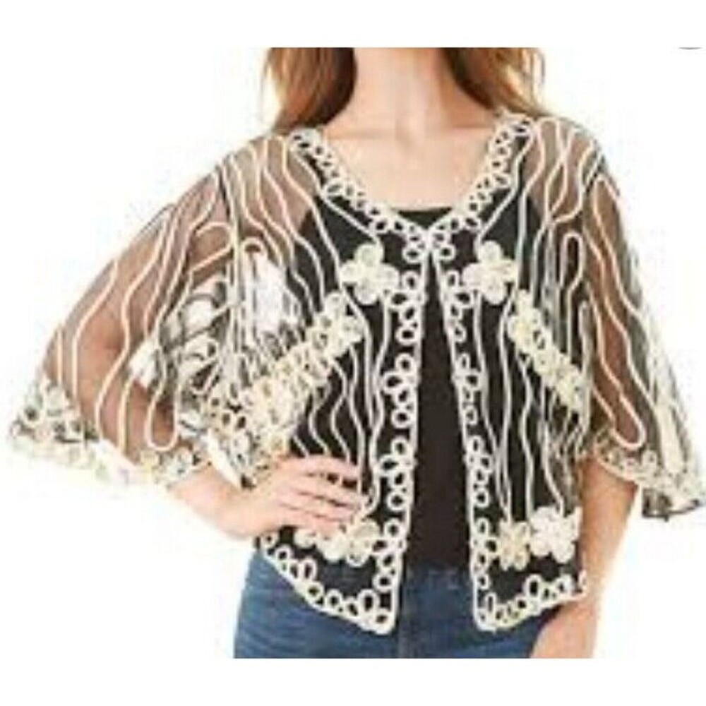 SIMPLY COUTURE Women's M Sheer Ivory Black Embroidered NWT Bell-Sleeve Cardigan
